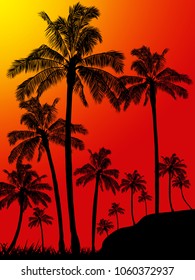 Silhouette of Tropical Palm Trees Forest Over Yellow and Red Sunset Portrait Background