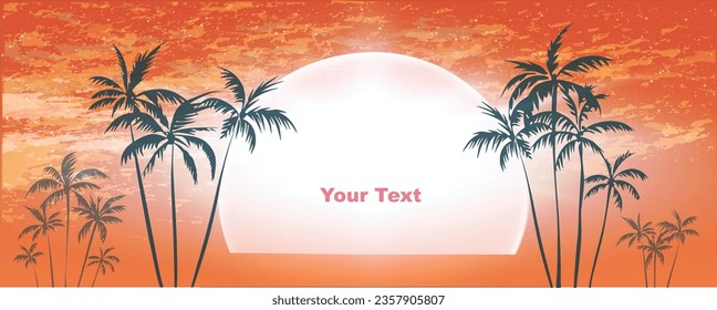 Silhouette of tropical palm trees at sunset or sunrise, with cloudy sky. Vector illustration