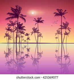Silhouette of tropical palm trees  at sunset or sunrise, with cloudy sky . Highly detailed  and editable