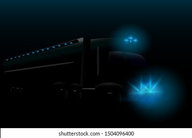Silhouette truck with bright headlights on night road. Freight transport trucks. Logistics theme. Headlights of car driving. Poor or low visibility. Safety driving on the road traffic concept. Vector