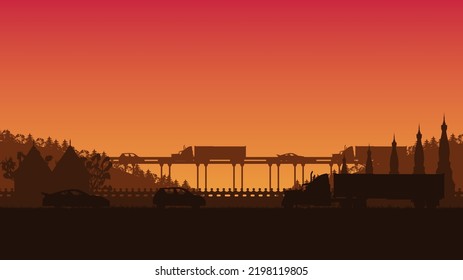 silhouette of truck, and car transport on orange gradient background