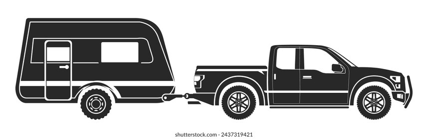 silhouette of truck with caravan trailer illustration vector