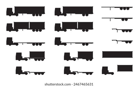 Silhouette of truck and semi-trailer transporting ocean containers Vector illustration set of tractor head and trailer chassis