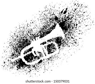 Silhouette of trumpet with grunge black splashes.