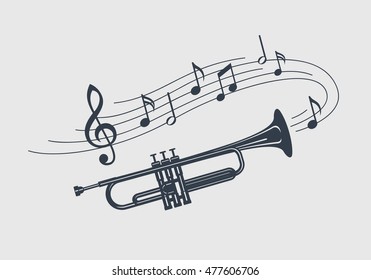 Silhouette of trumpet. Music instrument icon with notes