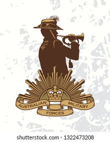 Silhouette Of A Trumpet Soldier And Sign Of Australian Military Forces. Anzac Day