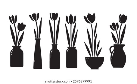 Silhouette tulips vase flowers, Vector illustration vase set design on white background.