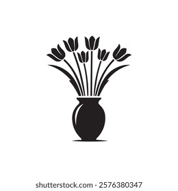 Silhouette tulips vase flowers, Vector illustration vase set design on white background.