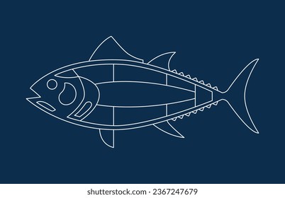 Silhouette of a Tuna Cuts diagram on blue background (ronqueo).