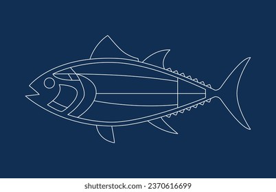 Silhouette of a Tuna Cuts diagram on blue background (ronqueo).