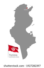 Silhouette of Tunisia country map. Gray editable map with waving national flag and Tunis city capital, North Africa country territory borders vector illustration on white background