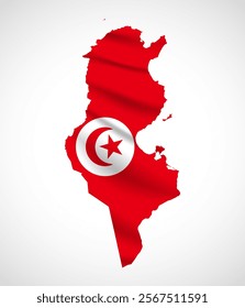 Silhouette of Tunisia map filled with the Tunisian flag design, symbolizing national pride, cultural heritage, and geographic identity.  
