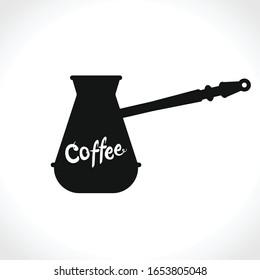 Silhouette of a turk for brewing coffee. Flat vector template of black turk with handwritten inscription Coffee. Flat vector template for coffee shop.