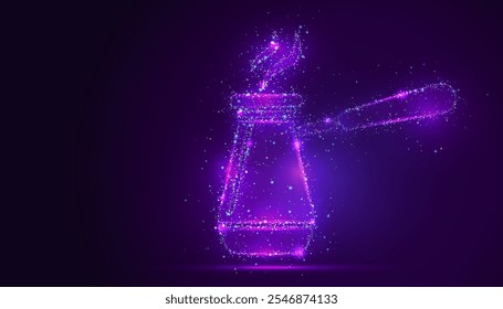 Silhouette of a Turkish coffee pot made of glowing, multicolored dots, resembling stars. The particles form the pot and steam, symbolizing tradition, warmth, and the rich aroma of coffee.