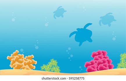 Silhouette of turtle with beauty reef landscape
