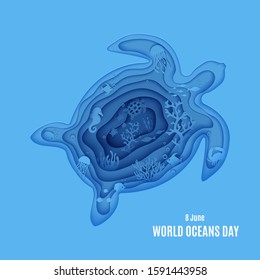 Silhouette of a turtle cut out of paper. Papercut butterflyfish, jellyfish, moonfish, sea horse, crab. Craft underwater ocean cave with fishes, coral reef, algae waves. Vector World Ocean Day concept