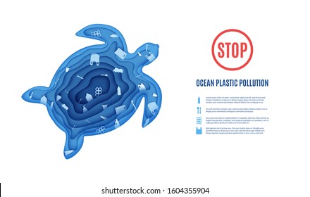 Silhouette of a turtle cut out of paper and ocean pollution banner. Craft underwater ocean deep cave with plastic rubbish. Papercut marine cartoon animals. Vector World Ocean Day environment concept