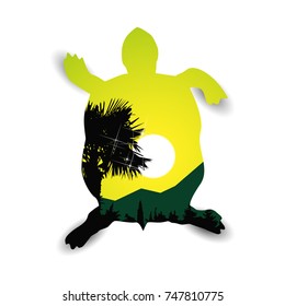  Silhouette of turtle with exotic landscape. Silhouette of palm. Sunset. Green shades.