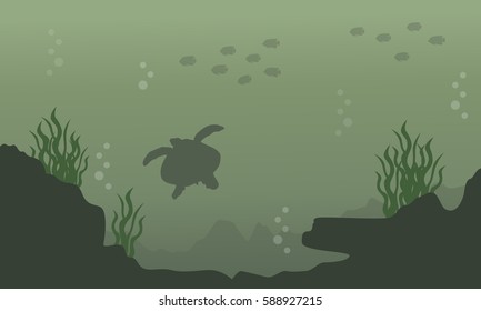 Silhouette of turtle and fish landscape