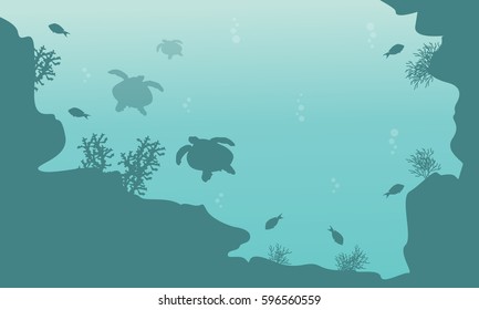 Silhouette of turtle and fish landscape underwater