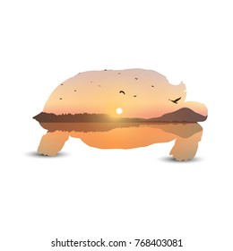 Silhouette of turtle with landscape background. Sunset on exotic island with volcano. A flock of birds on the background of colorful sky .