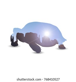 Silhouette of turtle with landscape background. Western desert. Rocks.  Blue sky. Rays.  