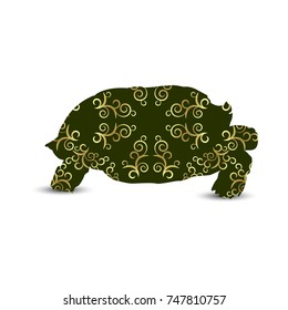 Silhouette of turtle with retro ornament background. Green and yellow tones.
