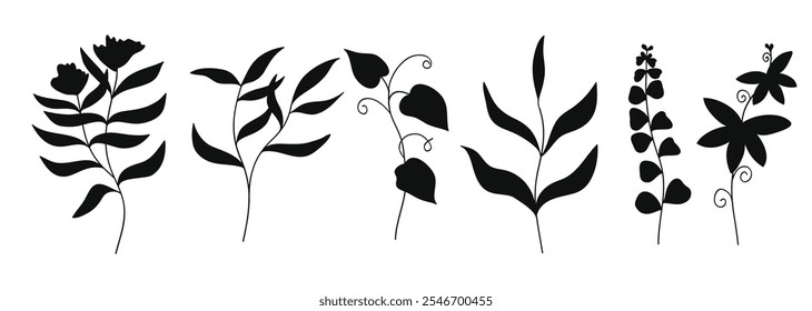 Silhouette twigs with leaves botanical collection.Nature vector illustration 