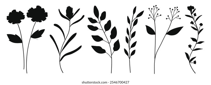 Silhouette twigs with leaves botanical collection.Vector illustration 