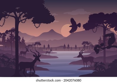 Silhouette twilight forest landscape background illustration