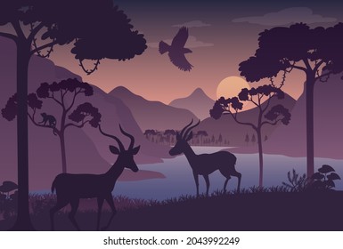 Silhouette twilight forest landscape background illustration