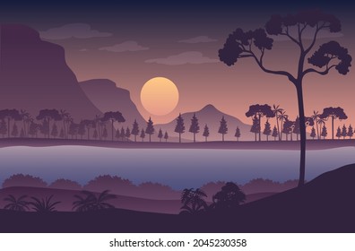 Silhouette twilight forest landscape background illustration