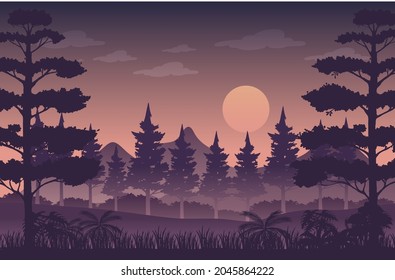 Ilustración de fondo del paisaje de los bosques de alumbrado torso de silueta