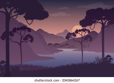 Silhouette twilight forest landscape background illustration