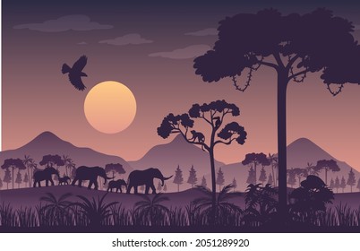 Silhouette twilight forest landscape background illustration