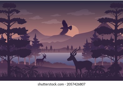 Silhouette twilight forest landscape background illustration