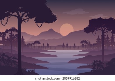 Silhouette twilight forest landscape background illustration