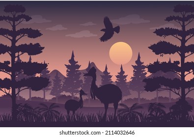 Silhouette twilight forest landscape background illustration