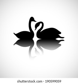 Silhouette of twins black swan on water with shadow. Vector illustration