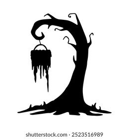 Silhouette of twisted tree with dripping hanging sign. Hand drawn graphic illustration. Simple black doodle shape. Natural element with object. Halloween composition suitable for dark, gothic themes.