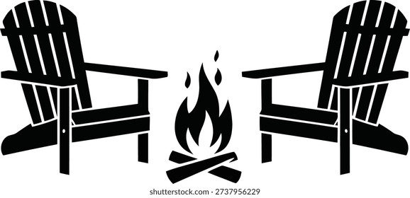 Silhouette of two adirondack chairs facing a campfire, evoking a sense of relaxation and togetherness in a serene outdoor setting