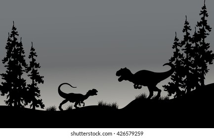 Silhouette of two Allosaurus in hills with gray backgrounds