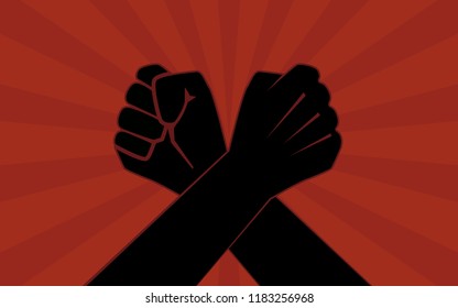 Silhouette two Arm wrestling in flat icon design on red color background