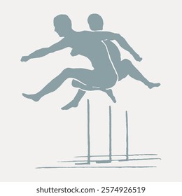 Silhouette of two athletes jumping hurdles. Dynamic pose of athletes in motion. Hurdles and athletes depicted in minimalist style. Energetic athletes in action. Vintage style art, isolated vector.