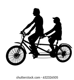 Silhouette of two athletes on tandem bicycle on white background.