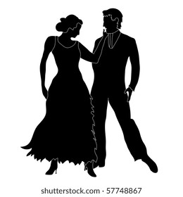Silhouette of two ballroom dancers, isolated on a white background