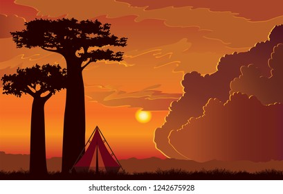 Silhouette of two baobab trees and red backpacking tent on a sunset cloudy sky background. Summer camp. Nature vector landscape. 