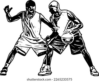 Esbozo de dos jugadores de baloncesto en movimiento, representando la pasión y la dedicación de los atletas por todas partes, dibujo de dos jugadores de baloncesto en acción, capturando la fluidez y la intensidad