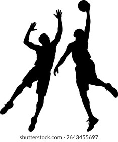 Silhouette of two basketball players—one shooting, one defending—captured mid-air. Perfect for sports designs, athletic branding, posters, training graphics, and action-packed marketing content.