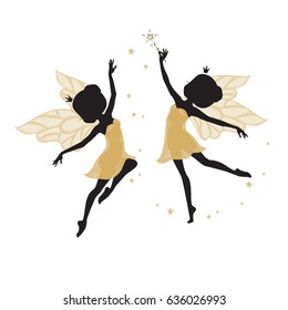 Silhouette of two beautiful fairies. Their dresses are golden in color. They are dancing. One of them has a magic wand in his hand. Hand drawn, isolated on white background.